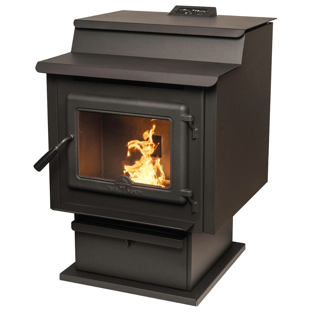 True North TN40 24" Wood Pellet Stove Vented Pedestal Base EPA2020 Black SKU 33010002