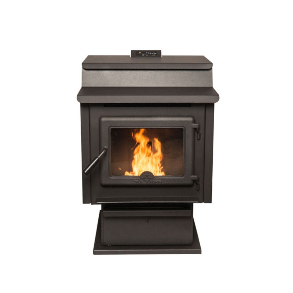 True North TN40 24-inch black vented pellet stove with pedestal base EPA2020 certified freestanding heater