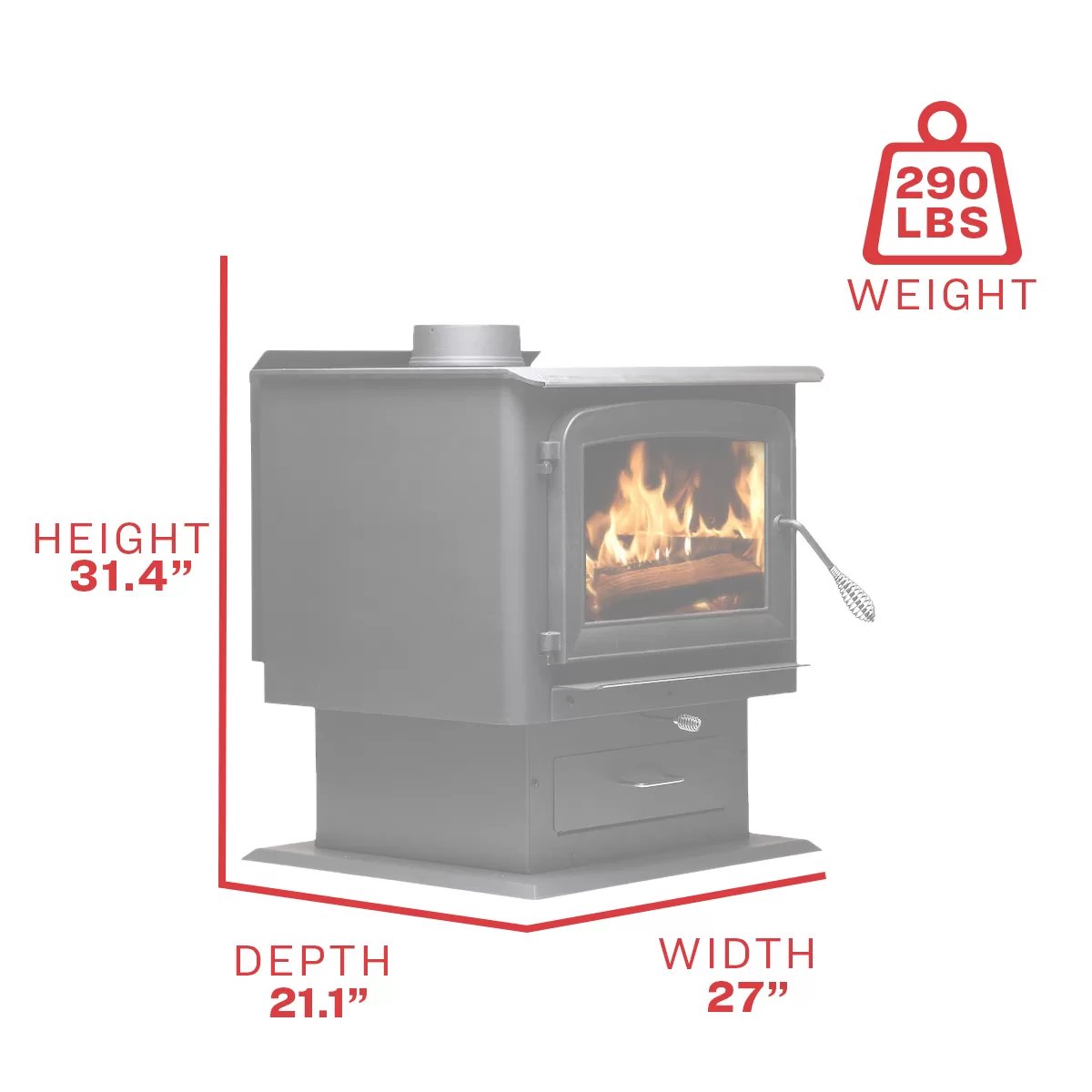 Ashley AW2020-P 2,000 Sq. Ft. Non-Catalytic Wood Stove - product dimensions
