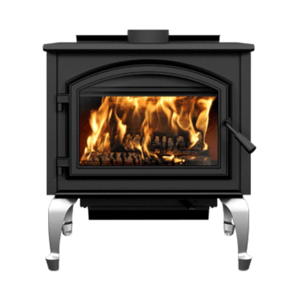 Empire Gateway 3500 28-inch freestanding wood burning stove in metallic black with large ceramic glass viewing window