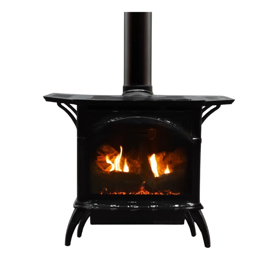 Empire Spirit 28 Inch Natural Gas Stove Direct Vent Cast Iron Matte Black Finish on a white background.