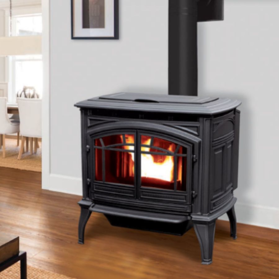 Enviro M55 Cast Iron Freestanding Pellet Stove M55C-FS-2 in a room with wooden flooring 