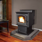 Enviro M55 Steel Freestanding Pellet Stove M55FS-2 with flames on a wooden floor