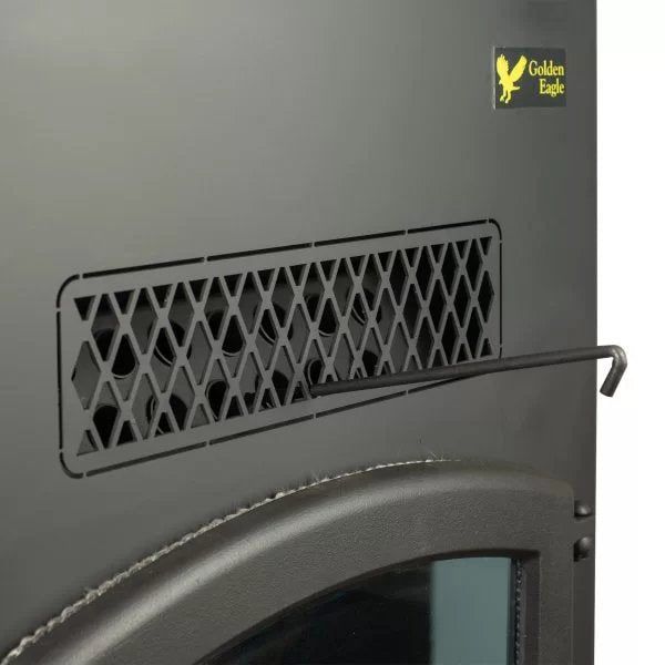Golden Eagle GE100E Pellet Stove - Close-up of a metallic surface with a diamond pattern and Golden Eagle logo.