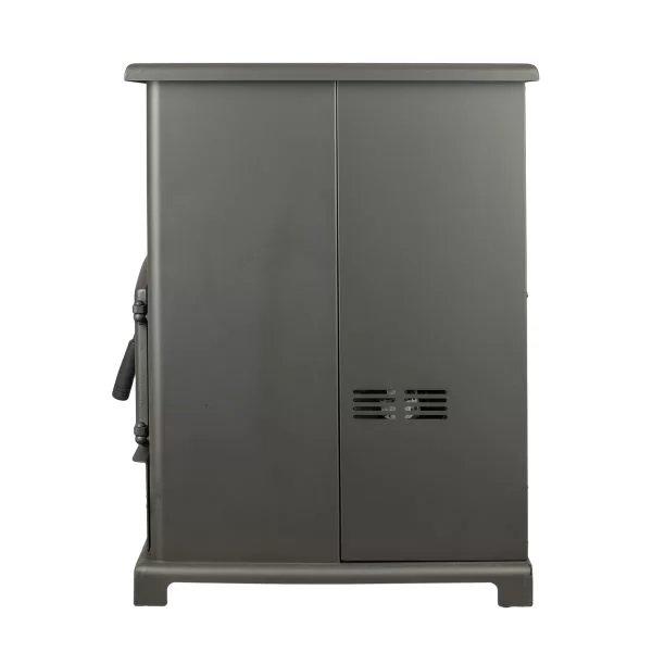 Golden Eagle GE100E Pellet Stove - Dark gray metal cabinet with a handle on a white background
