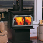 IronStrike Striker S160 Freestanding Wood Burning Stove with visible flames inside