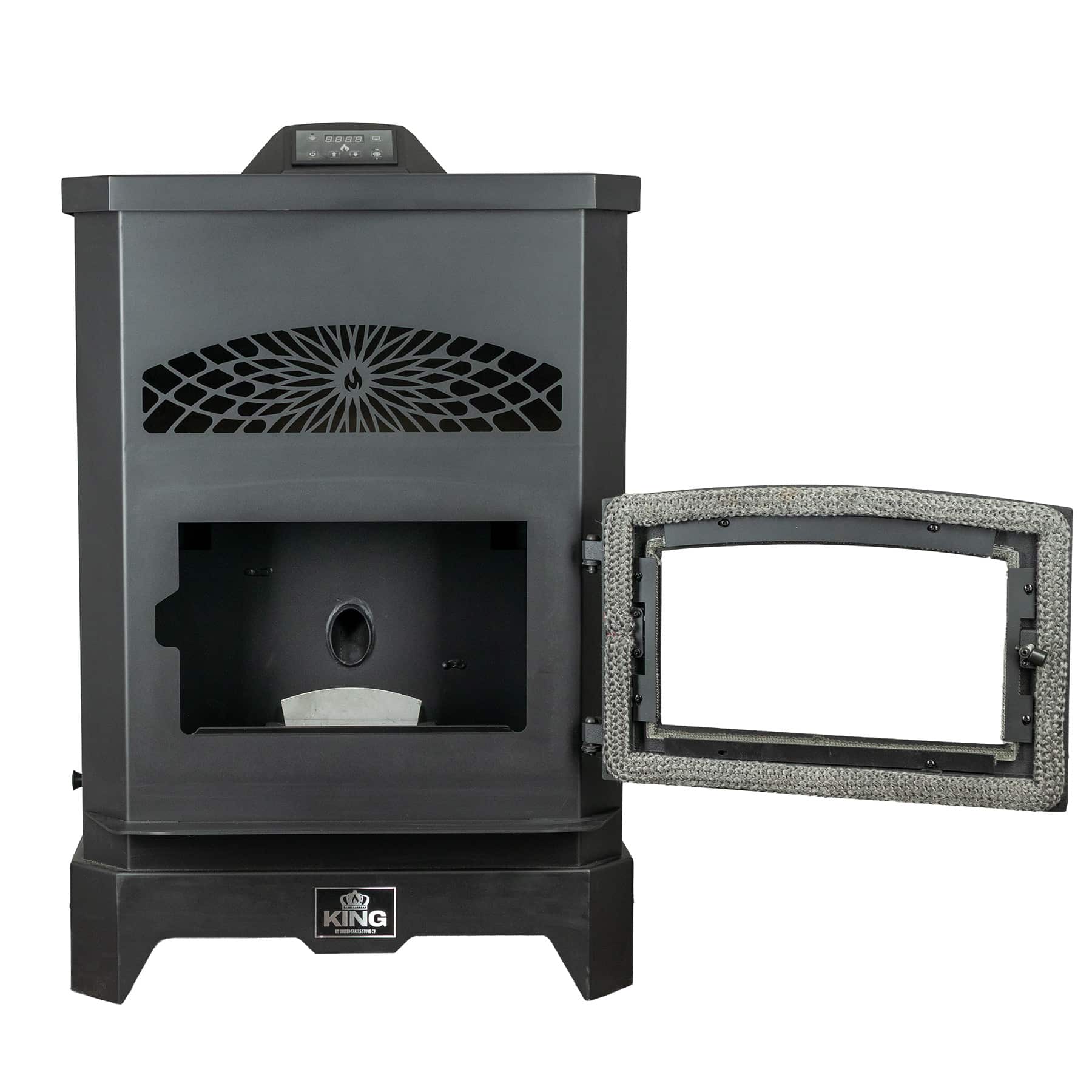 King KP130-W 130 lb Hopper Wood Pellet Stove - open door 