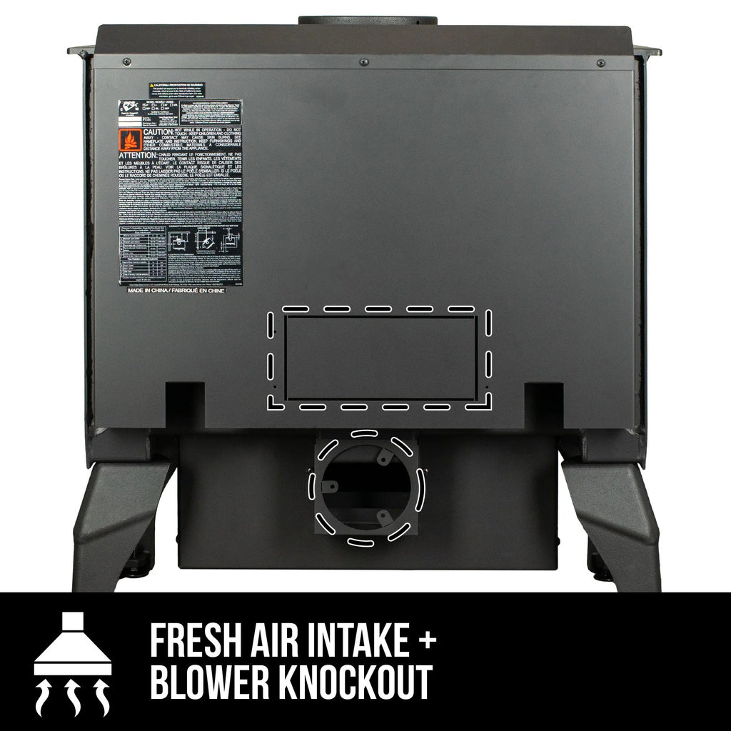 vogelzang vg2020e-p wood stove - fresh air intake and blower knockout feature
